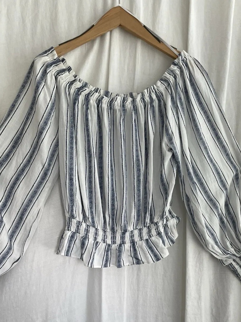 Helen Owen AQUA peasant blouse white navy stripe Elastic Waist Cuffs